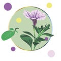 Purple petunia flower framed in a green circle on a white background with colorful polka dots